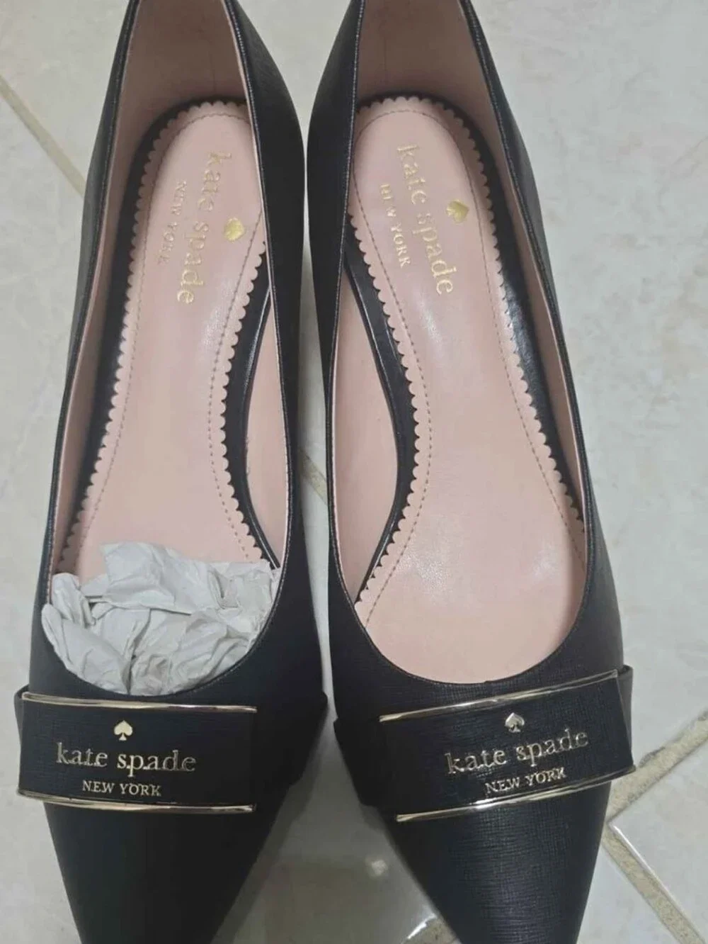 kate spade Black Pointed Toe Flats with Pink Insole & Logo Bow